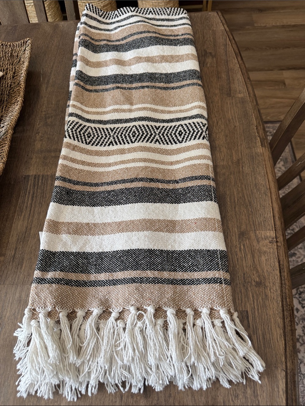 Striped Fringe Throw Blanket in Cream, Tan & Black